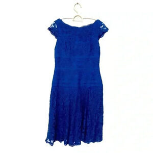 Adriana  Papell deep blue lace overlay dress, w cap sleeves & hidden back zipper